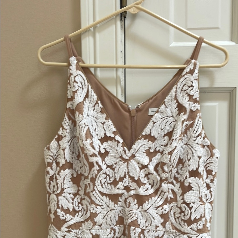 Dress the Population Taupe with White Lace Appliqué Midi Dress
